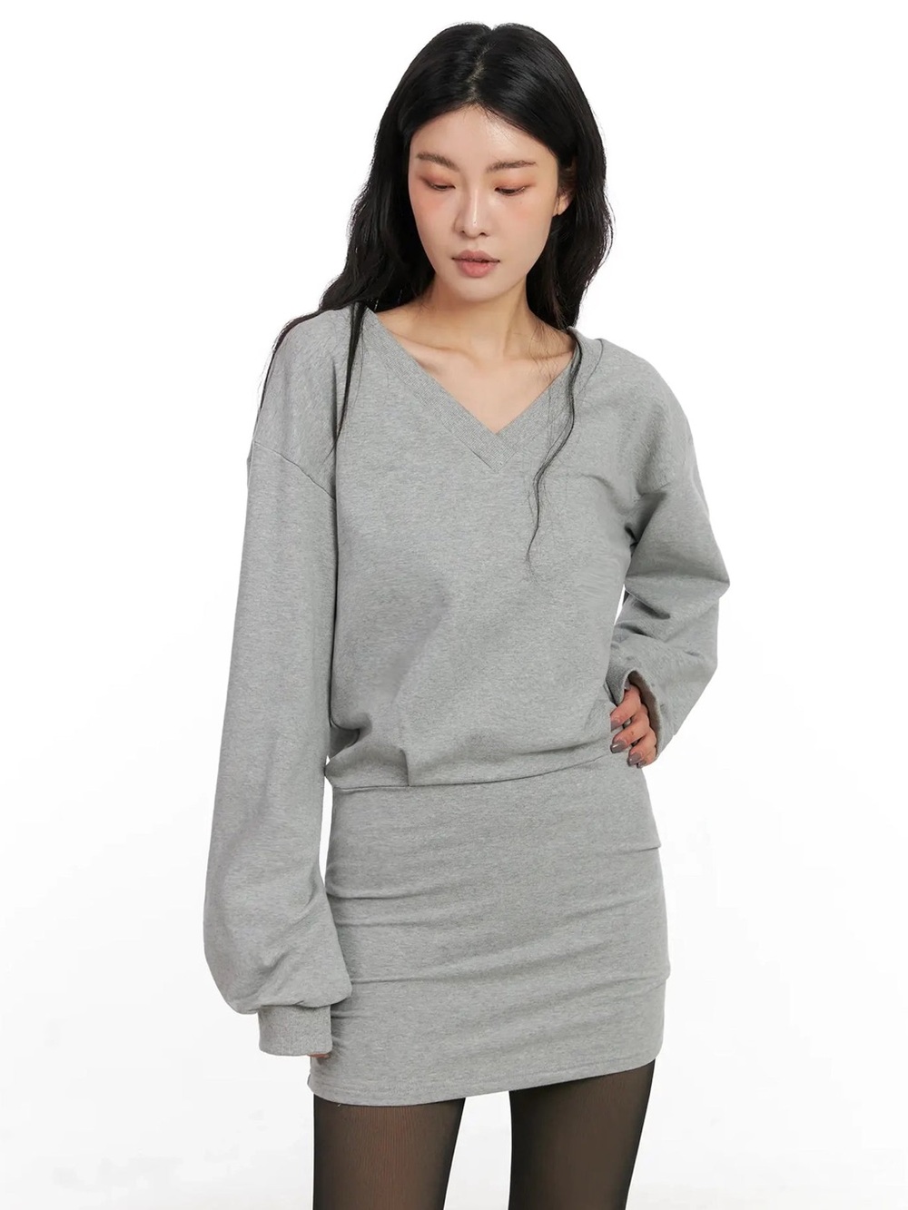 NEW V-Neck Sweatshirt Mini Dress in Gray